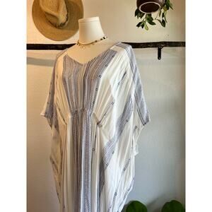 World Market White & Blue Indie Boho Beach Swim Cover Up Dress One Size